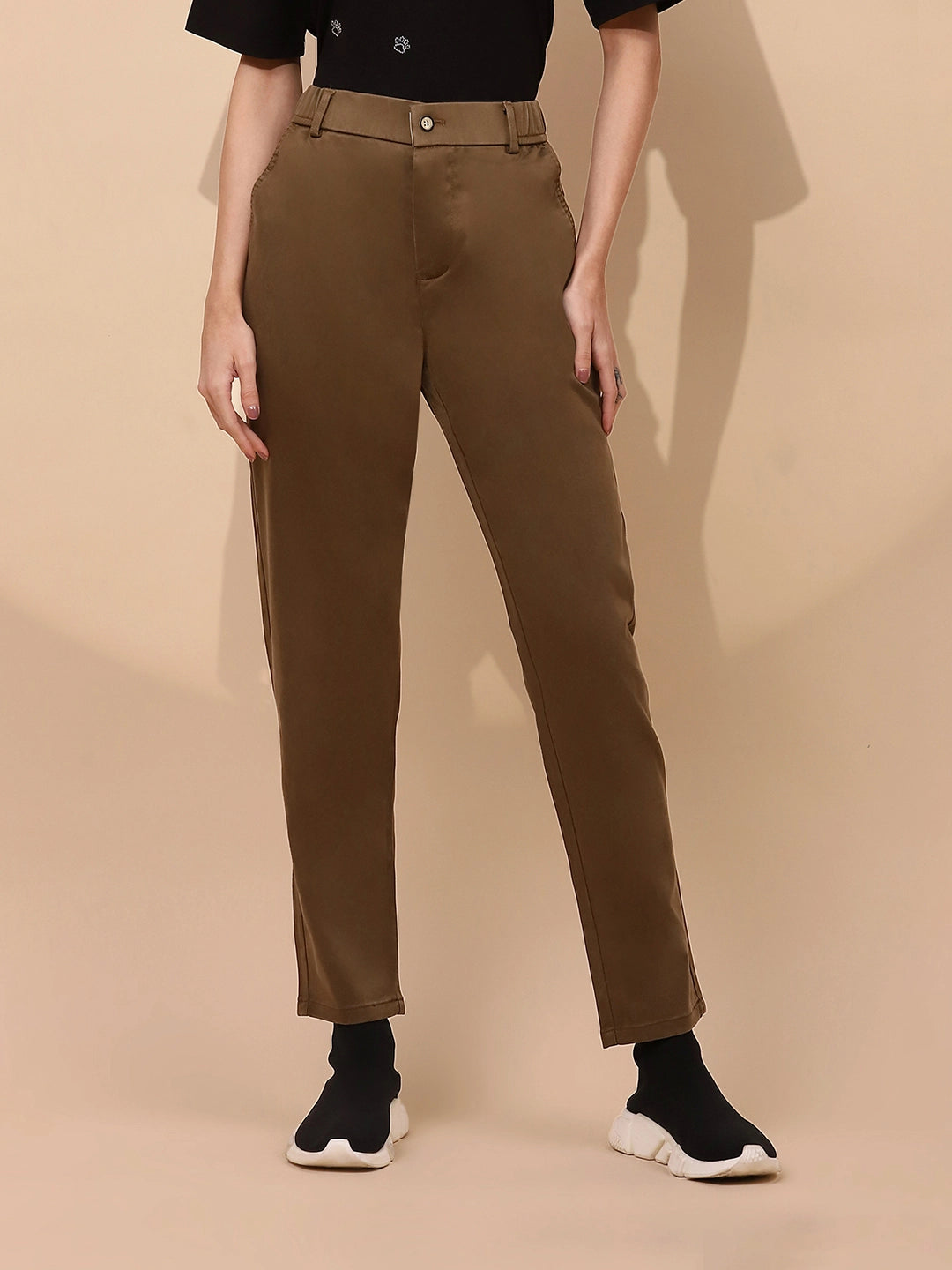 Khaki Cotton Blend Slim Fit Trouser For Women