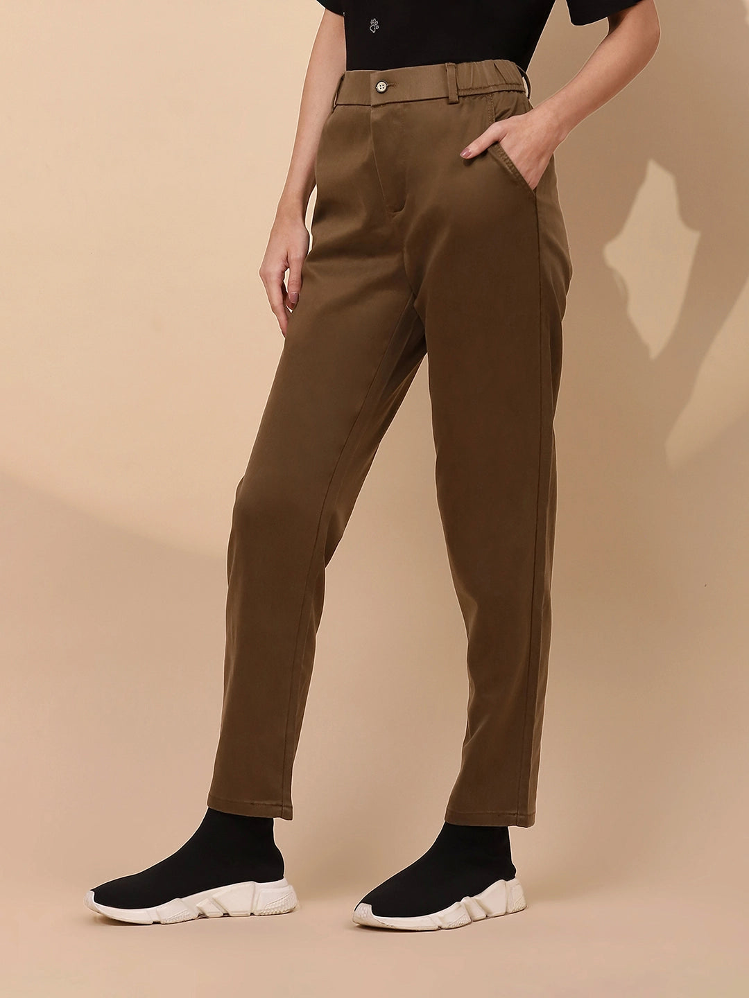 Khaki Cotton Blend Slim Fit Trouser For Women