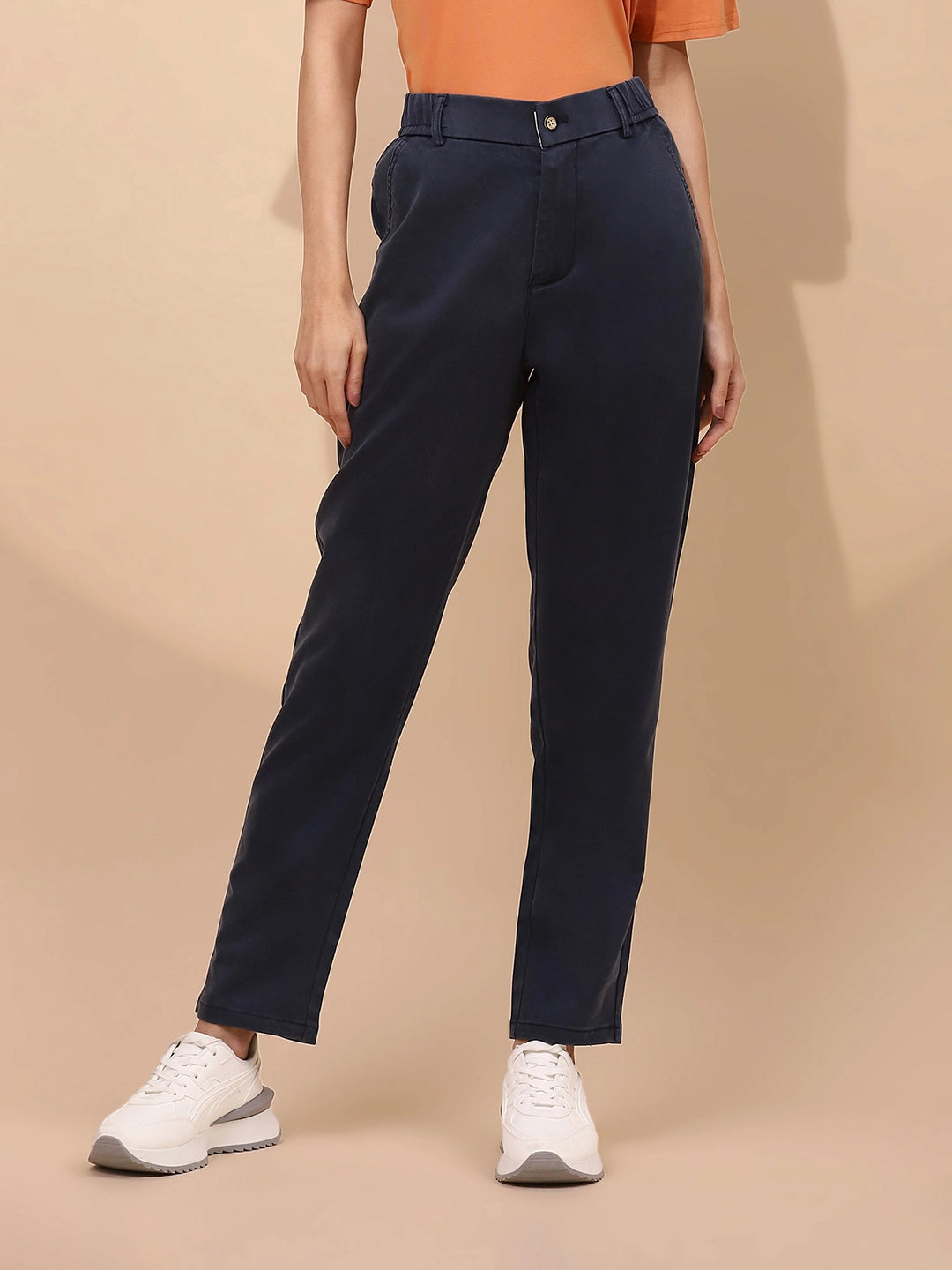 Navy Blue Cotton Blend Slim Fit Trouser For Women