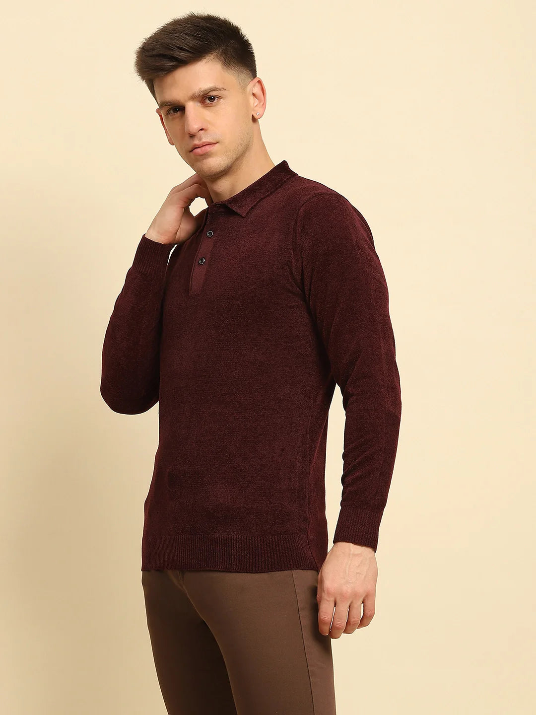 Maroon Velvet Blend Solid Regular Fit Pullover