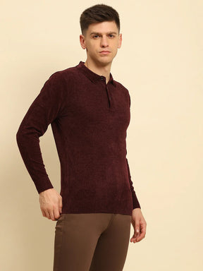 Maroon Velvet Blend Solid Regular Fit Pullover