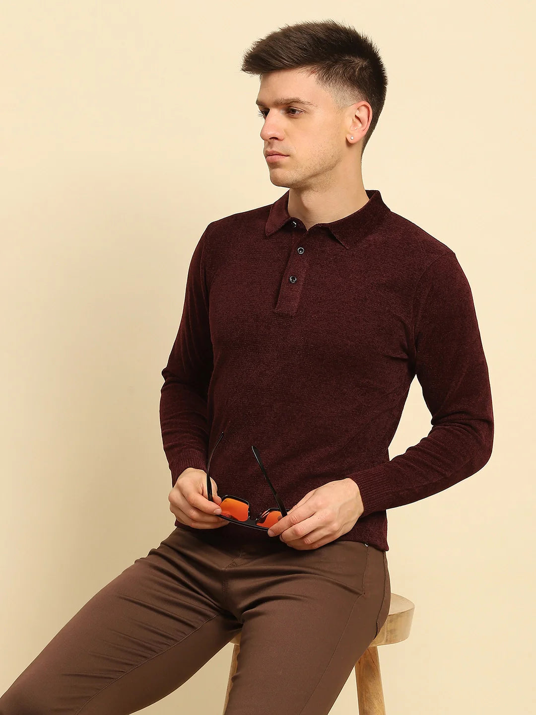 Maroon Velvet Blend Solid Regular Fit Pullover