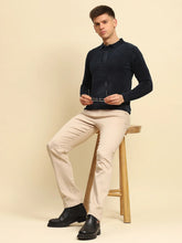 Navy Blue Velvet Blend Solid Regular Fit Pullover