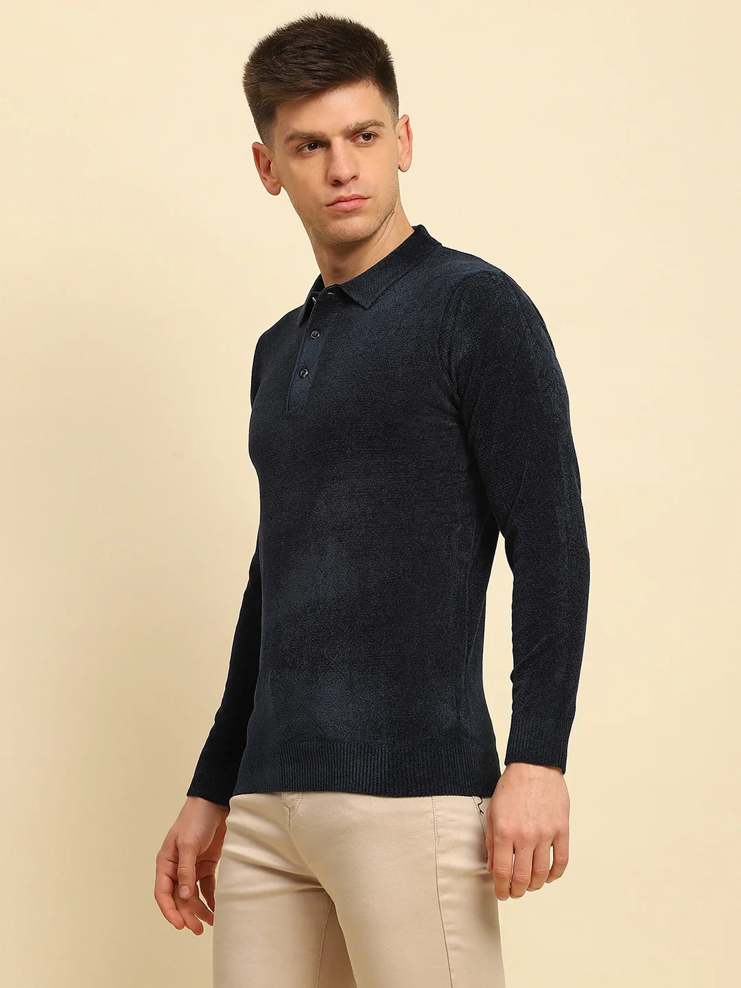 Navy Blue Velvet Blend Solid Regular Fit Pullover