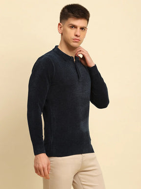 Navy Blue Velvet Blend Solid Regular Fit Pullover