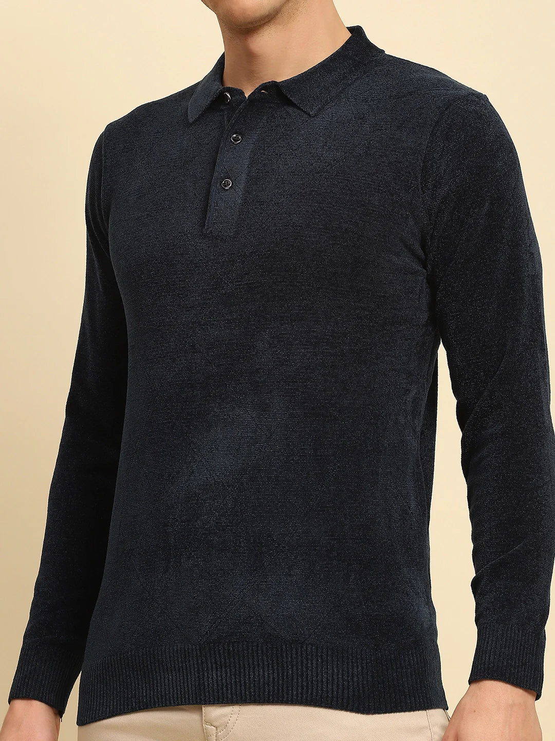 Navy Blue Velvet Blend Solid Regular Fit Pullover