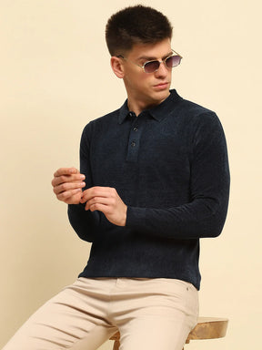 Navy Blue Velvet Blend Solid Regular Fit Pullover