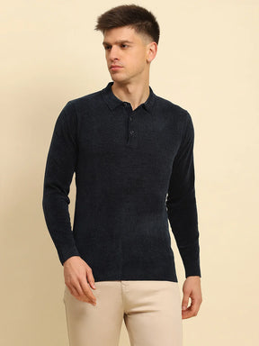 Navy Blue Velvet Blend Solid Regular Fit Pullover