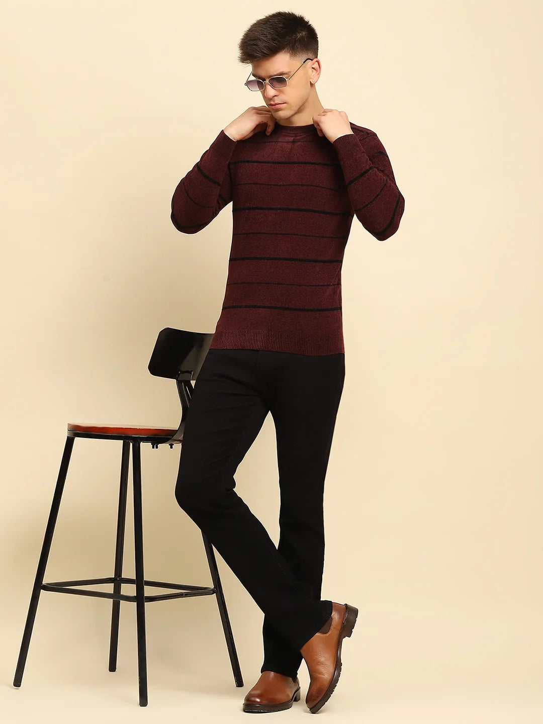 Maroon Velvet Blend Striped Regular Fit Pullover