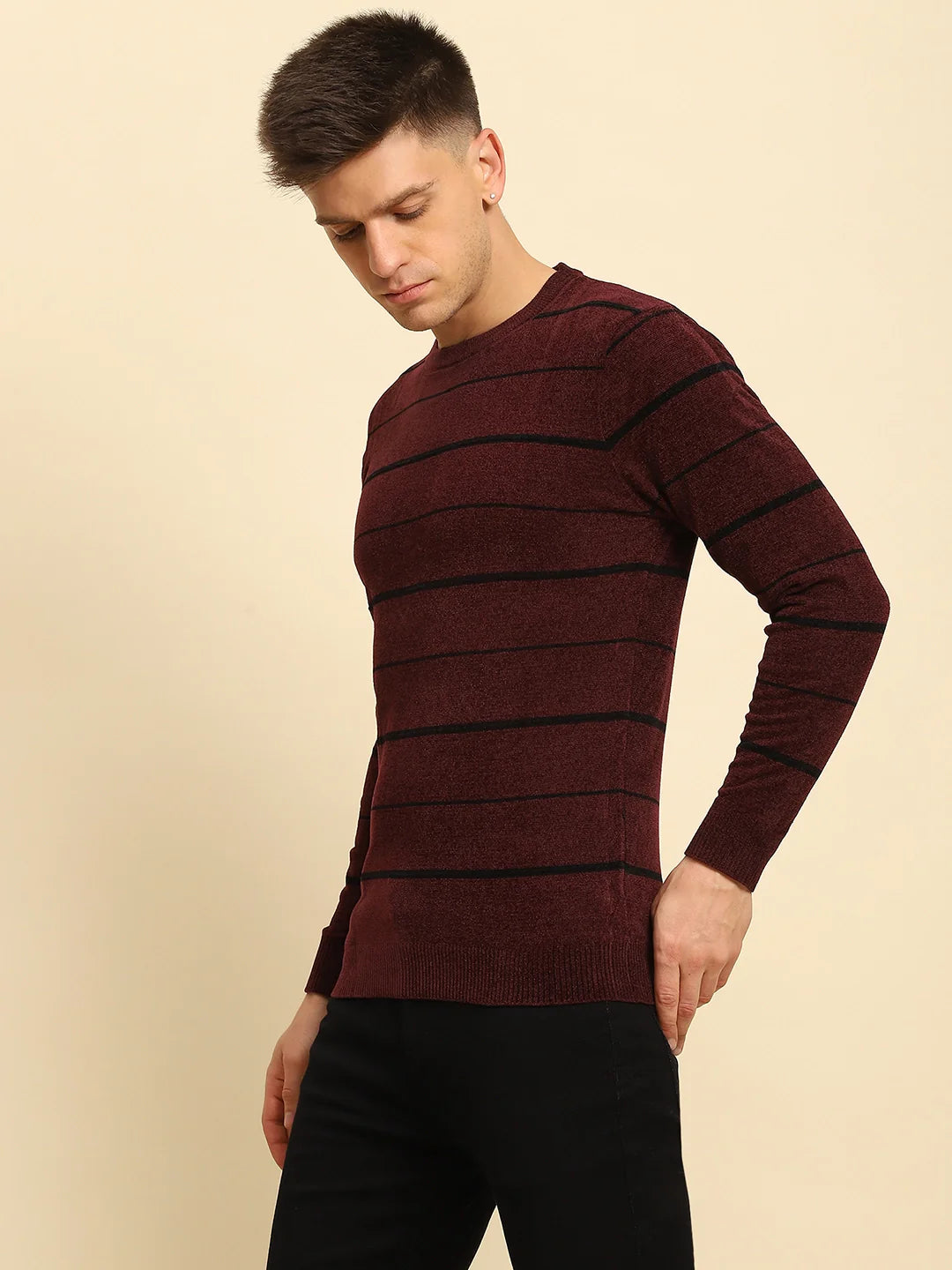 Maroon Velvet Blend Striped Regular Fit Pullover