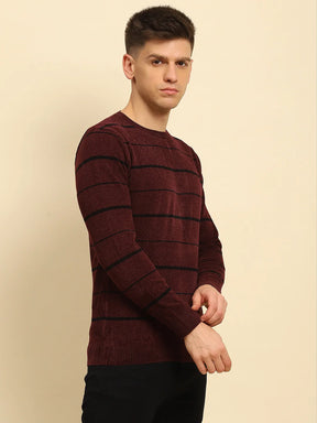 Maroon Velvet Blend Striped Regular Fit Pullover