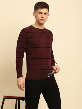 Maroon Velvet Blend Striped Regular Fit Pullover