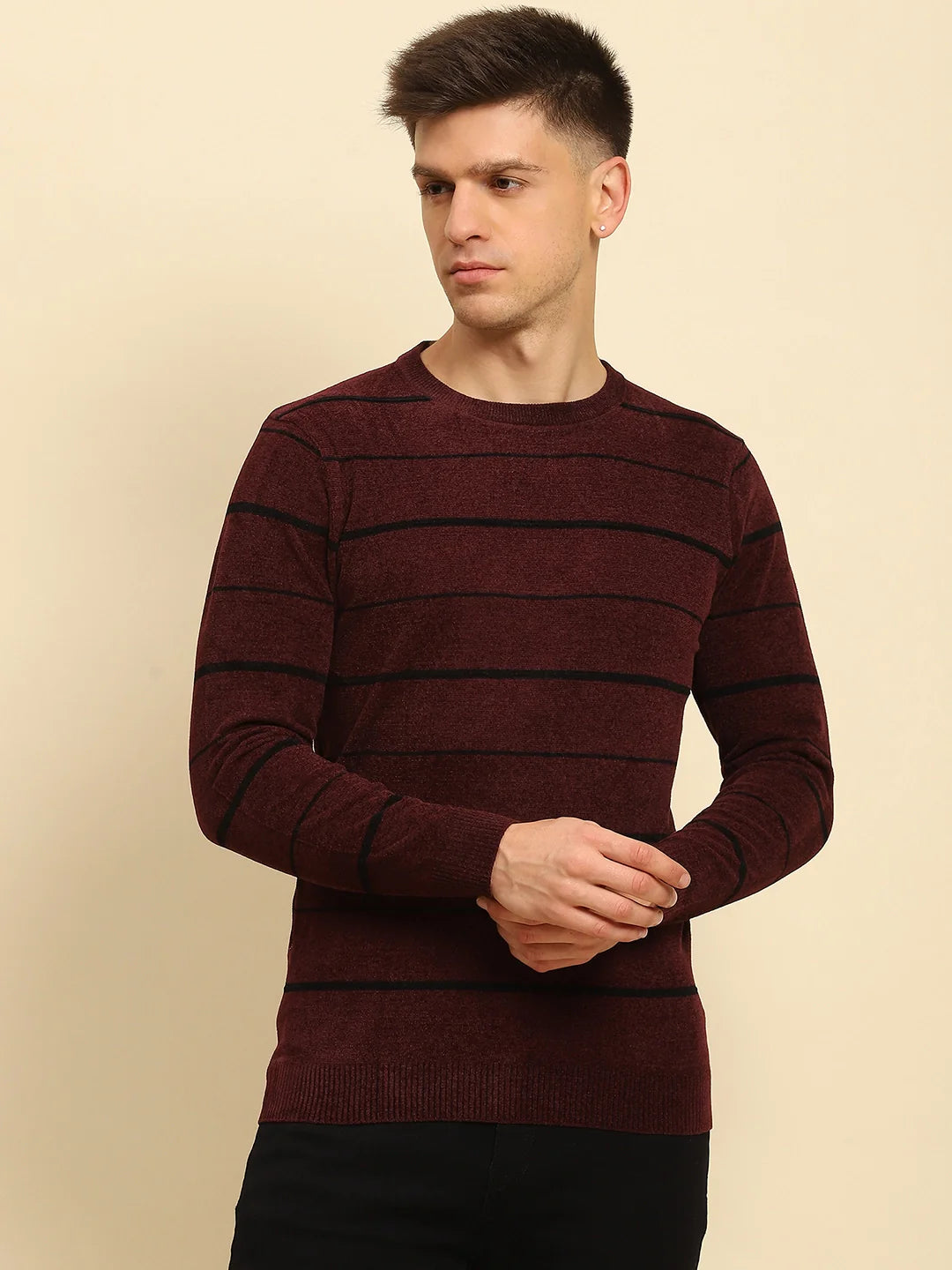 Maroon Velvet Blend Striped Regular Fit Pullover