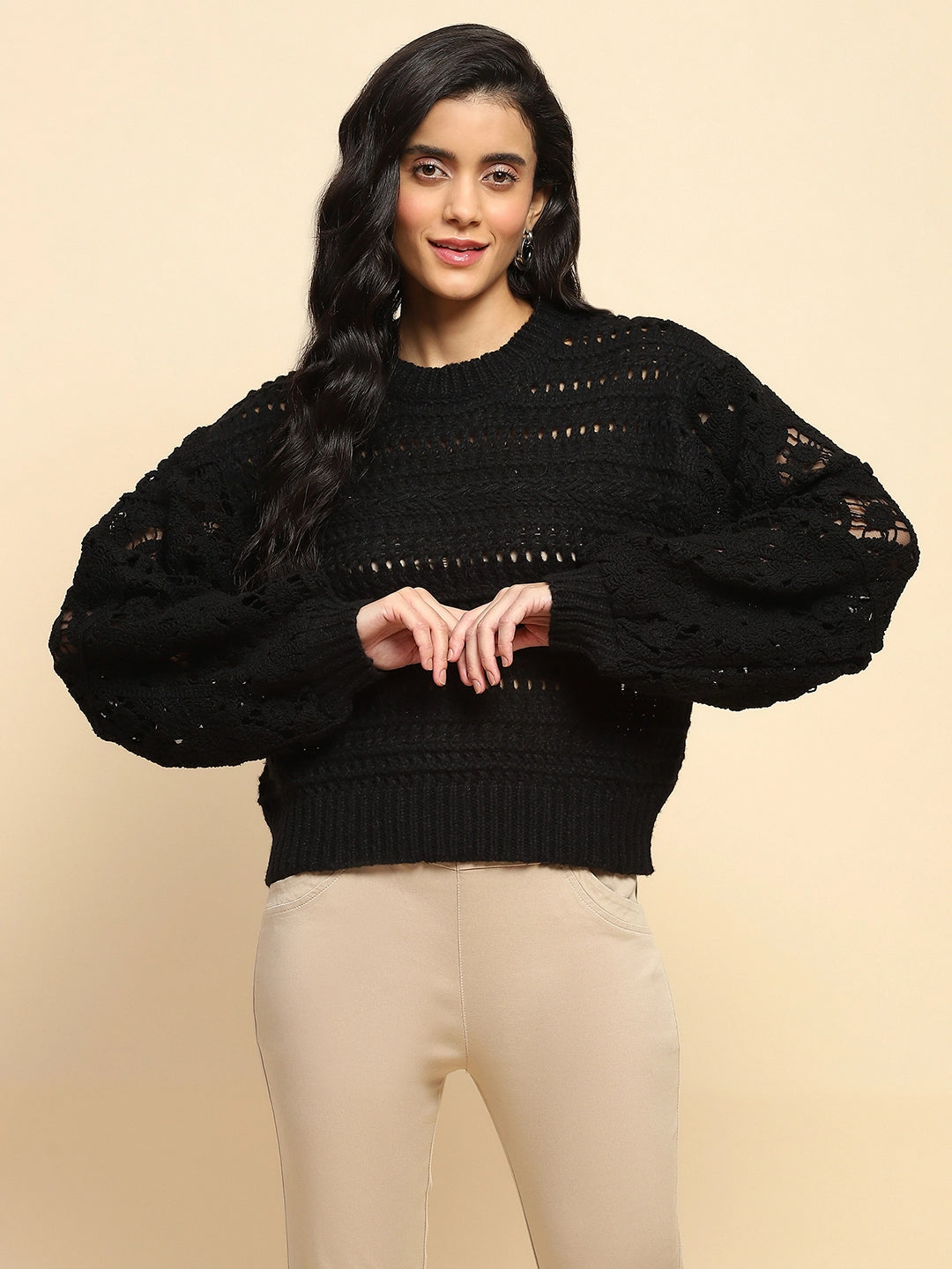 Black Poly Blend Relaxed Fit Pullover For Women