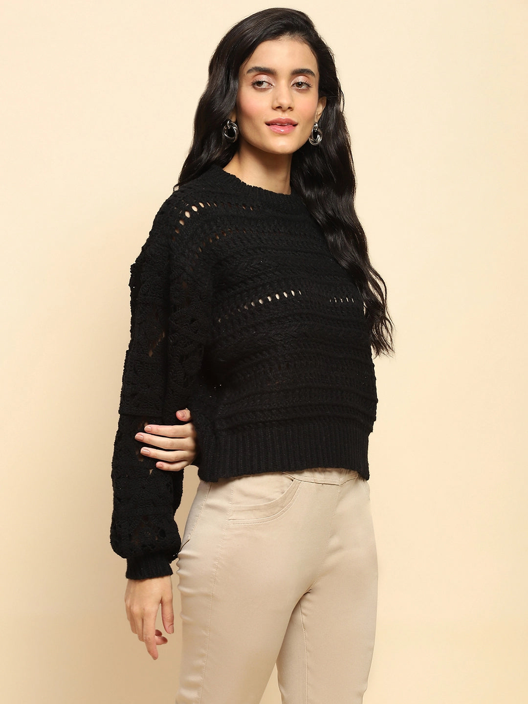 Black Poly Blend Relaxed Fit Pullover For Women