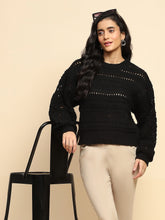 Black Poly Blend Relaxed Fit Pullover For Women