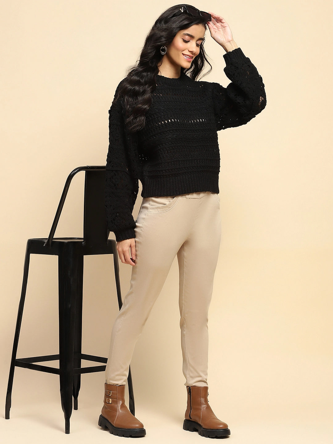 Black Poly Blend Relaxed Fit Pullover For Women