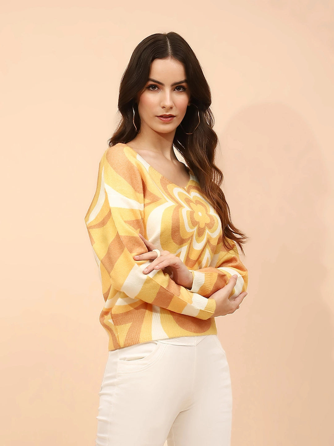 Yellow Poly Viscose Relaxed Fit Pullover For Women