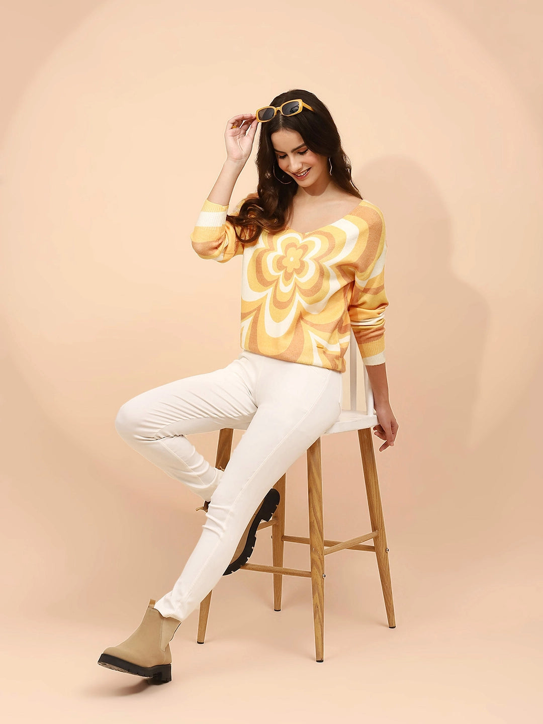 Yellow Poly Viscose Relaxed Fit Pullover For Winter