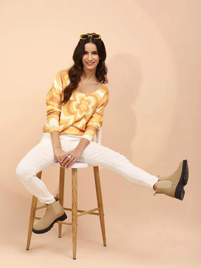 Yellow Poly Viscose Relaxed Fit Pullover For Women