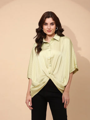 Leaf Green Polyester Blend Loose Fit Blouson Top For Women