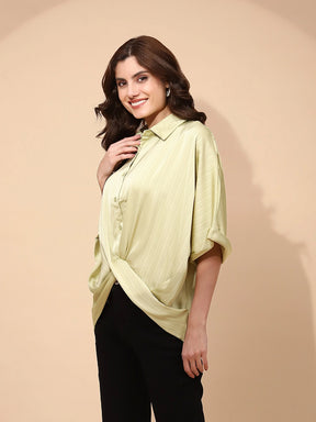 Leaf Green Polyester Blend Loose Fit Blouson Top For Women