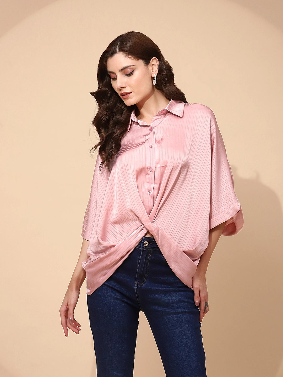 Pink Polyester Blend Regular Fit Blouson Top For Women