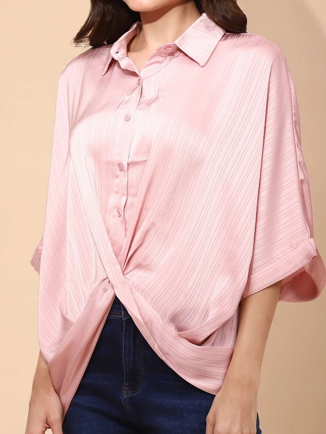 Pink Polyester Blend Regular Fit Blouson Top For Women