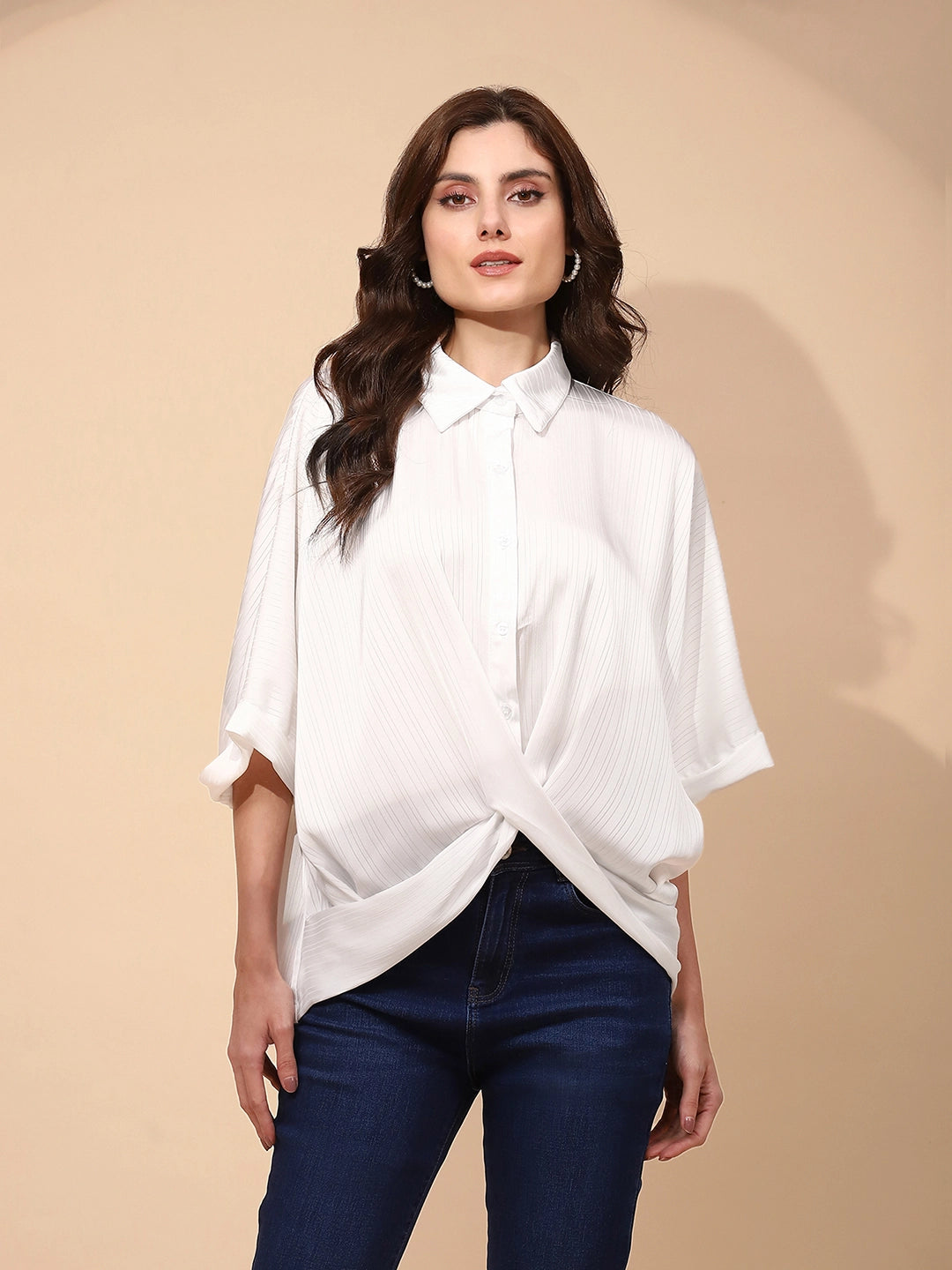 White Polyester Blend Regular Fit Blouson Top For Women
