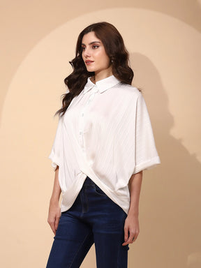 White Polyester Blend Regular Fit Blouson Top For Women