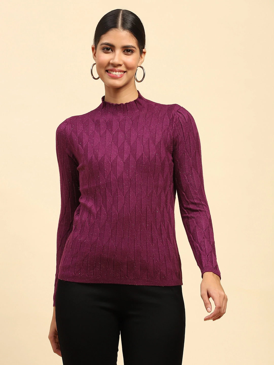 Wine Solid Poly Viscose Slim Fit High Neck Skivvy Pullover