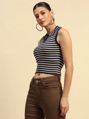 Navy Blue Viscose Slim Fit Crop Top For Women