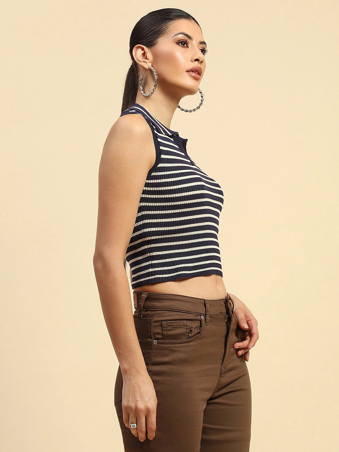 Navy Blue Viscose Slim Fit Crop Top For Women