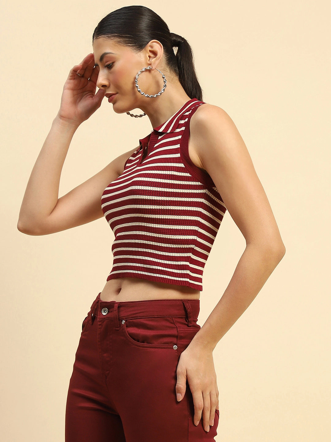 Wine Viscose Slim Fit Crop Top For Women