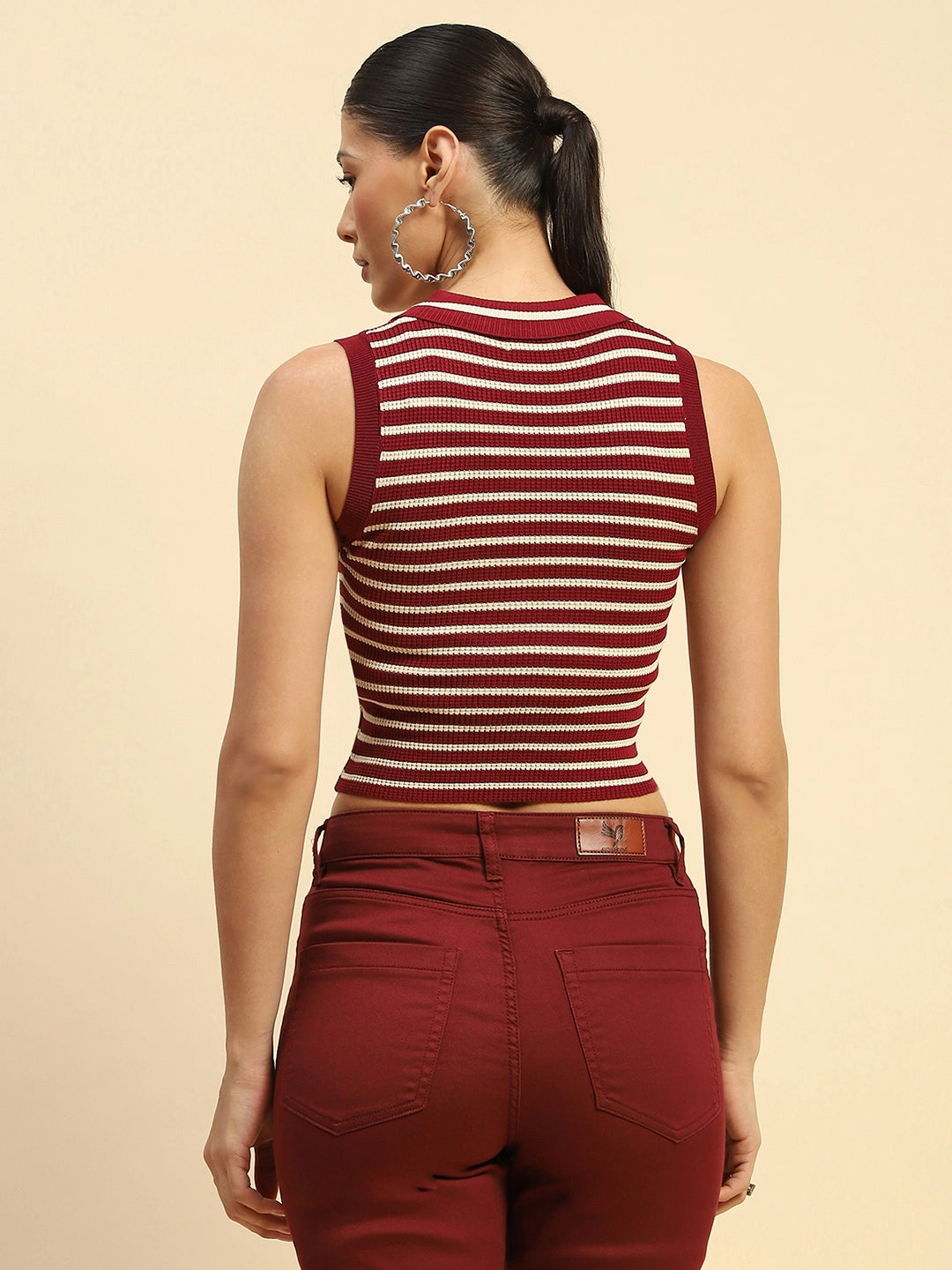 Wine Viscose Slim Fit Crop Top For Women