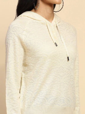 Off White Polyester Blend Regular Fit Pullover For Women