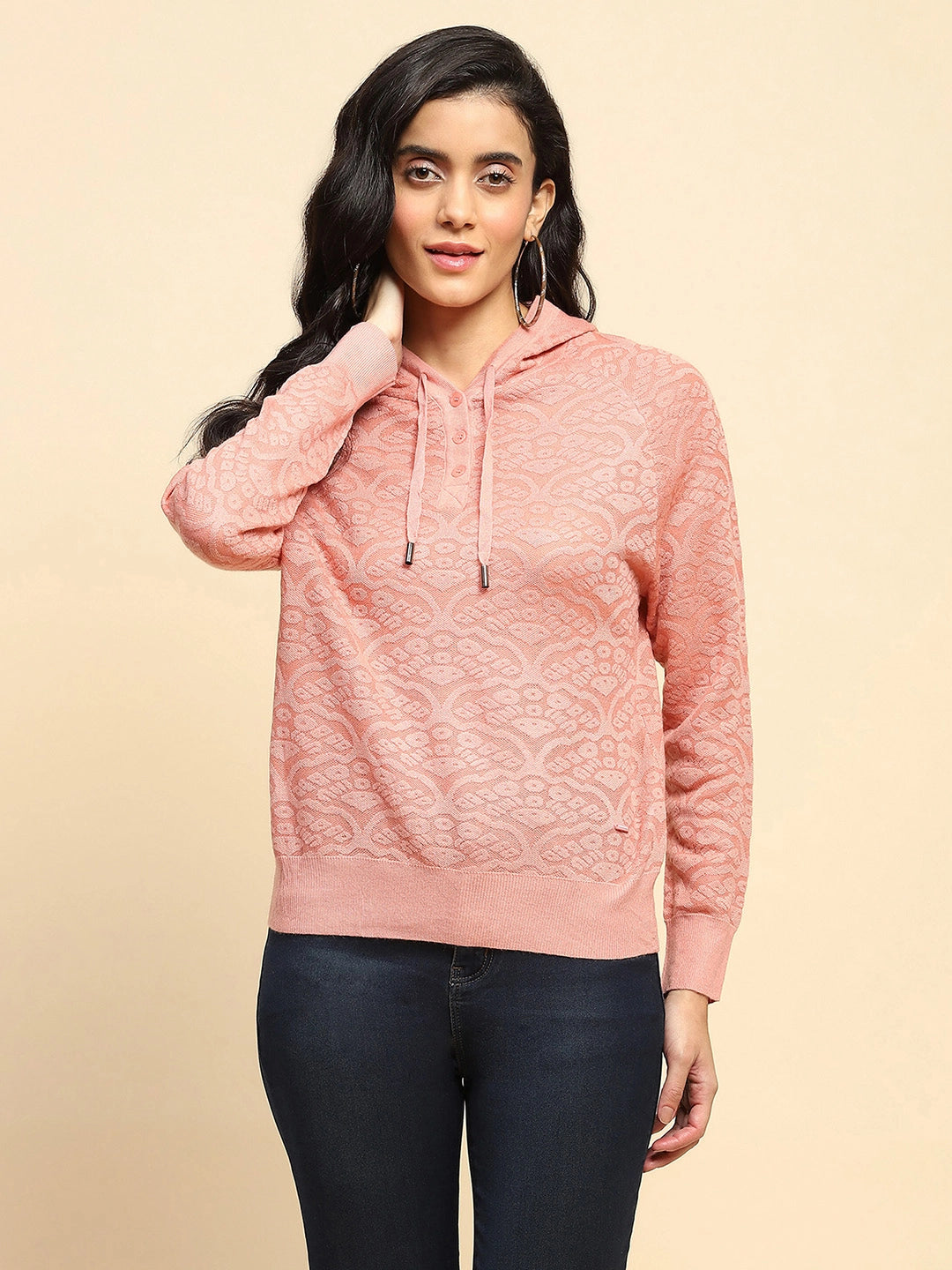 Pink Polyester Blend Regular Fit Pullover For Women