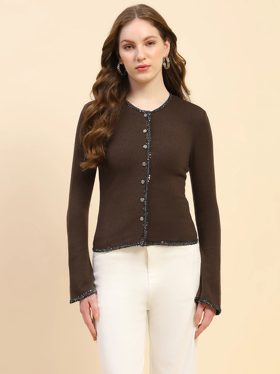 Brown Sequined Solid Poly Blend Slim Fit Cardigan