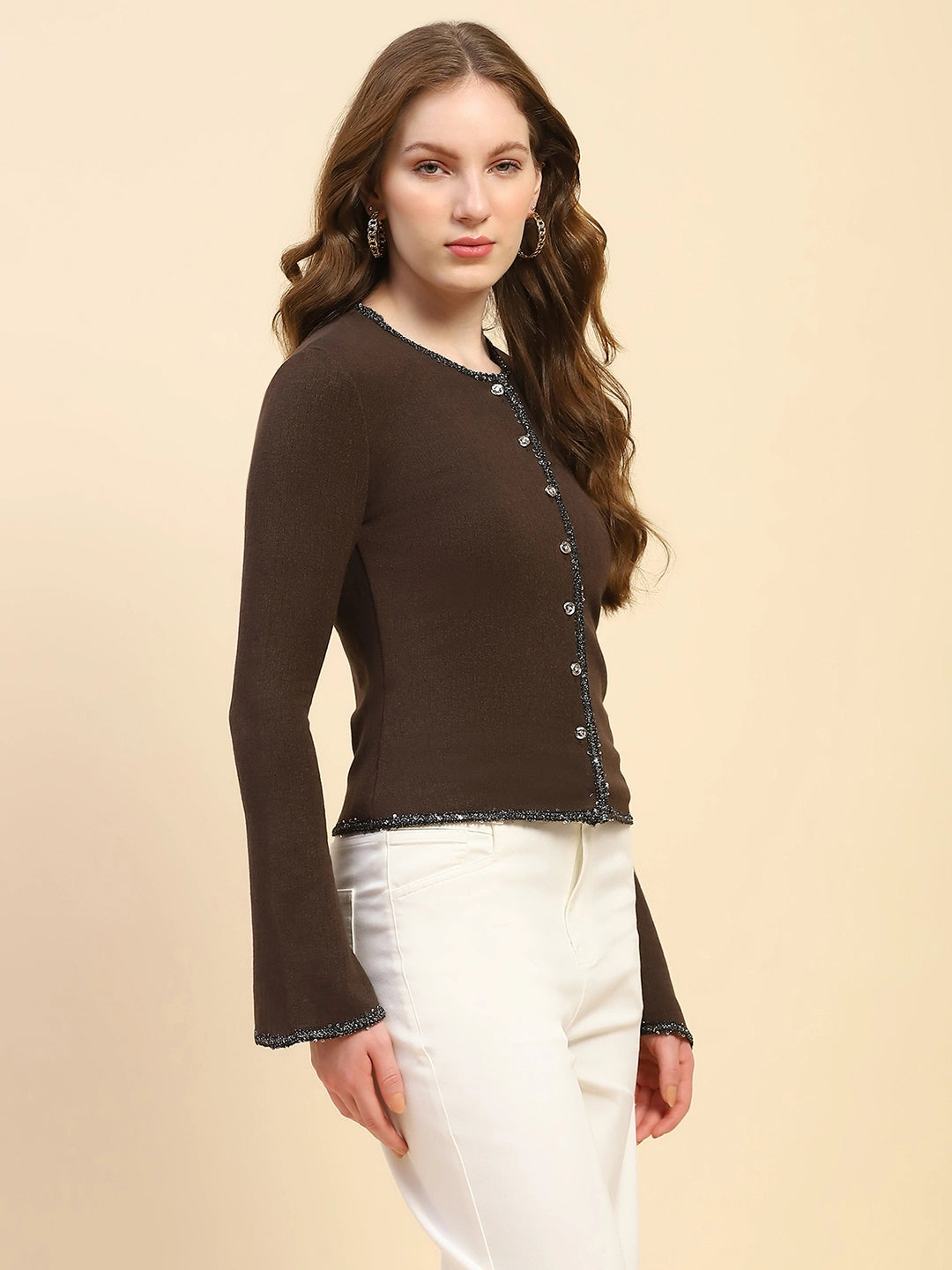 Brown Solid Poly Blend Slim Fit Cardigan