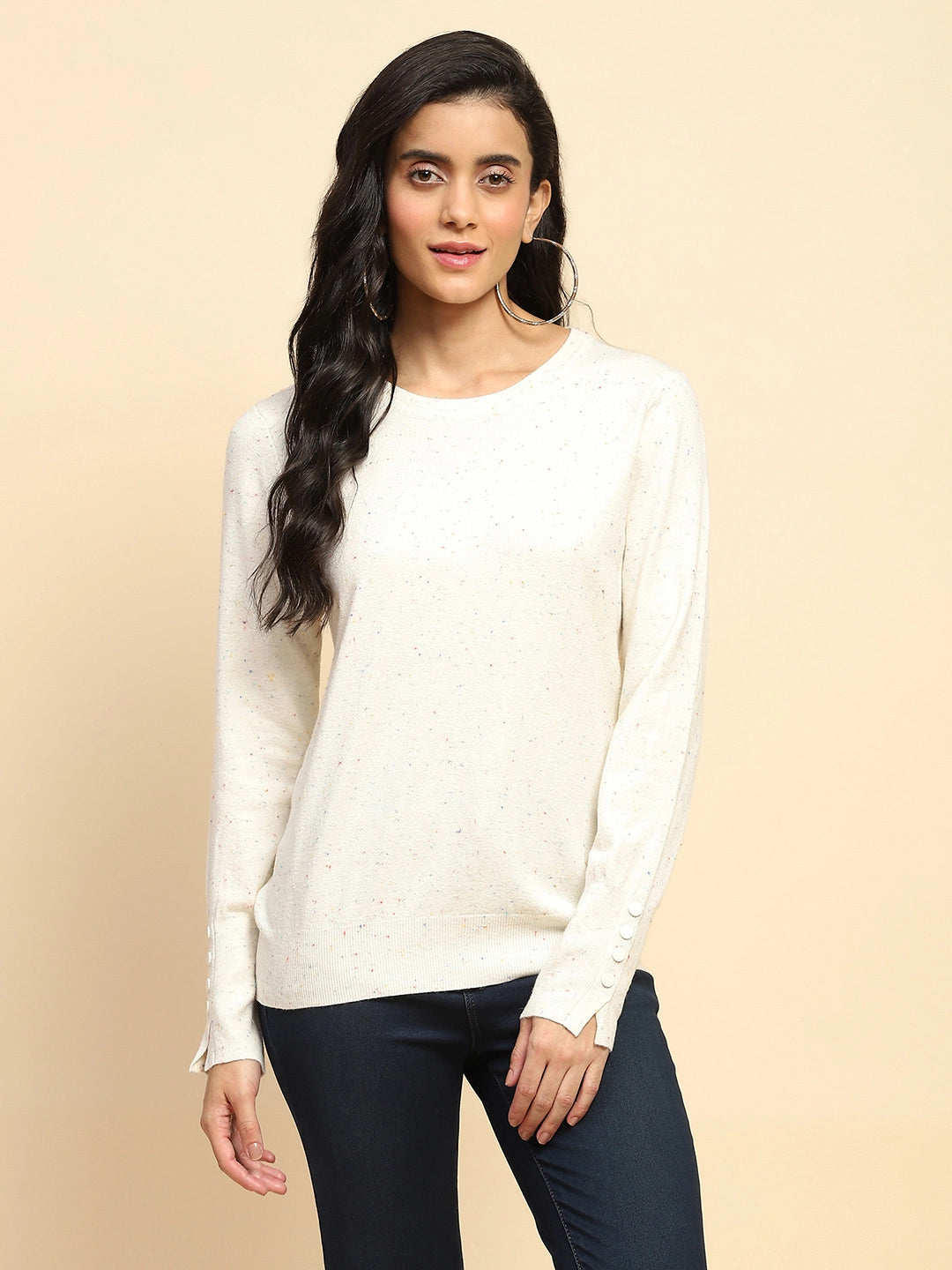 Off White Viscose Blend Regular Fit Pullover For Women