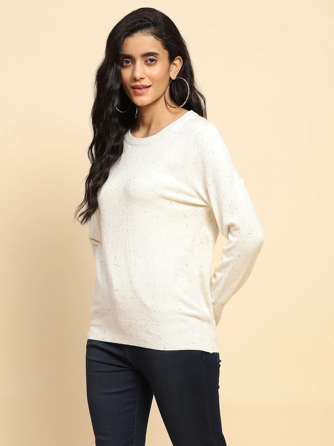 Off White Viscose Blend Regular Fit Pullover For Women