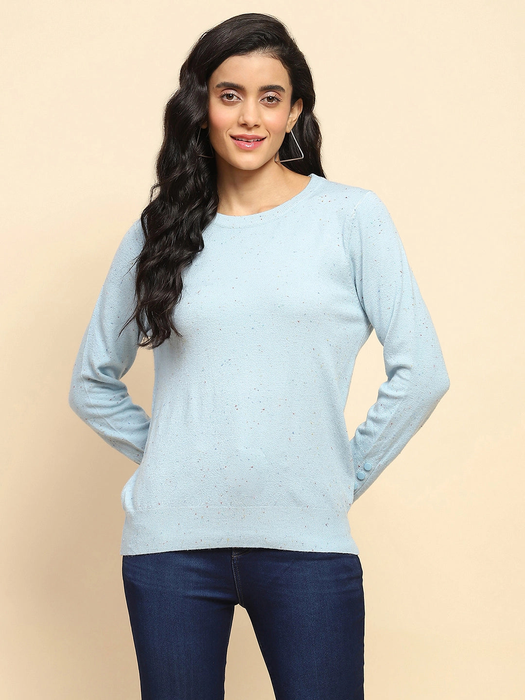 Sky Blue Viscose Blend Regular Fit Pullover For Women