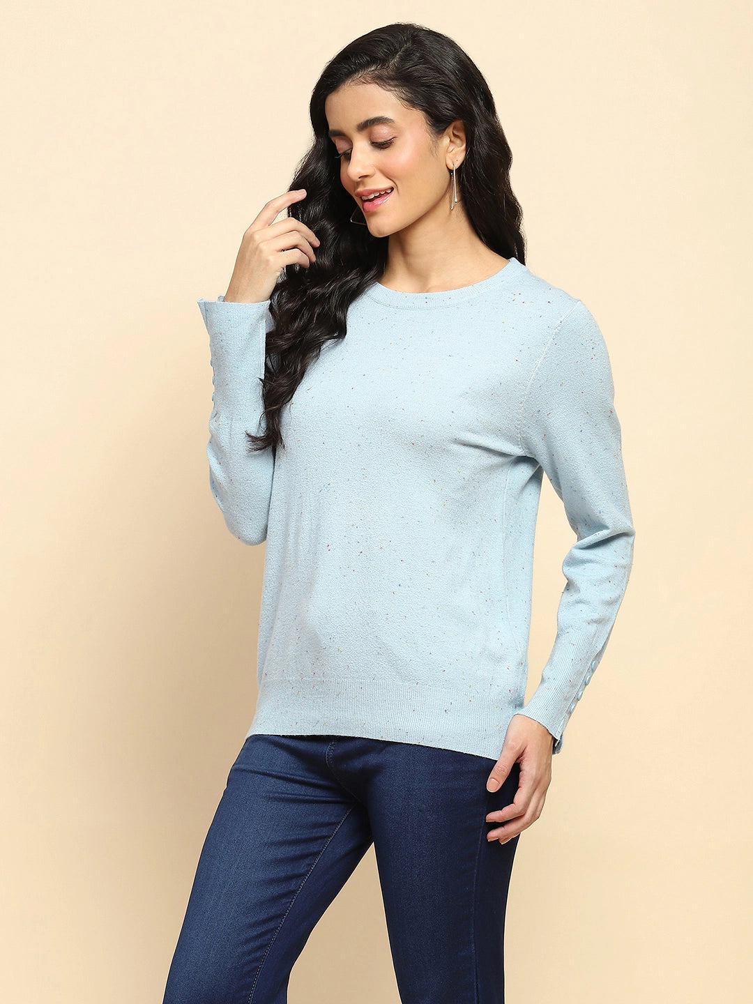 Sky Blue Viscose Blend Regular Fit Pullover For Women