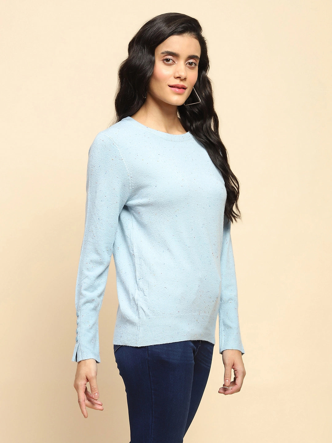 Sky Blue Viscose Blend Regular Fit Pullover For Women