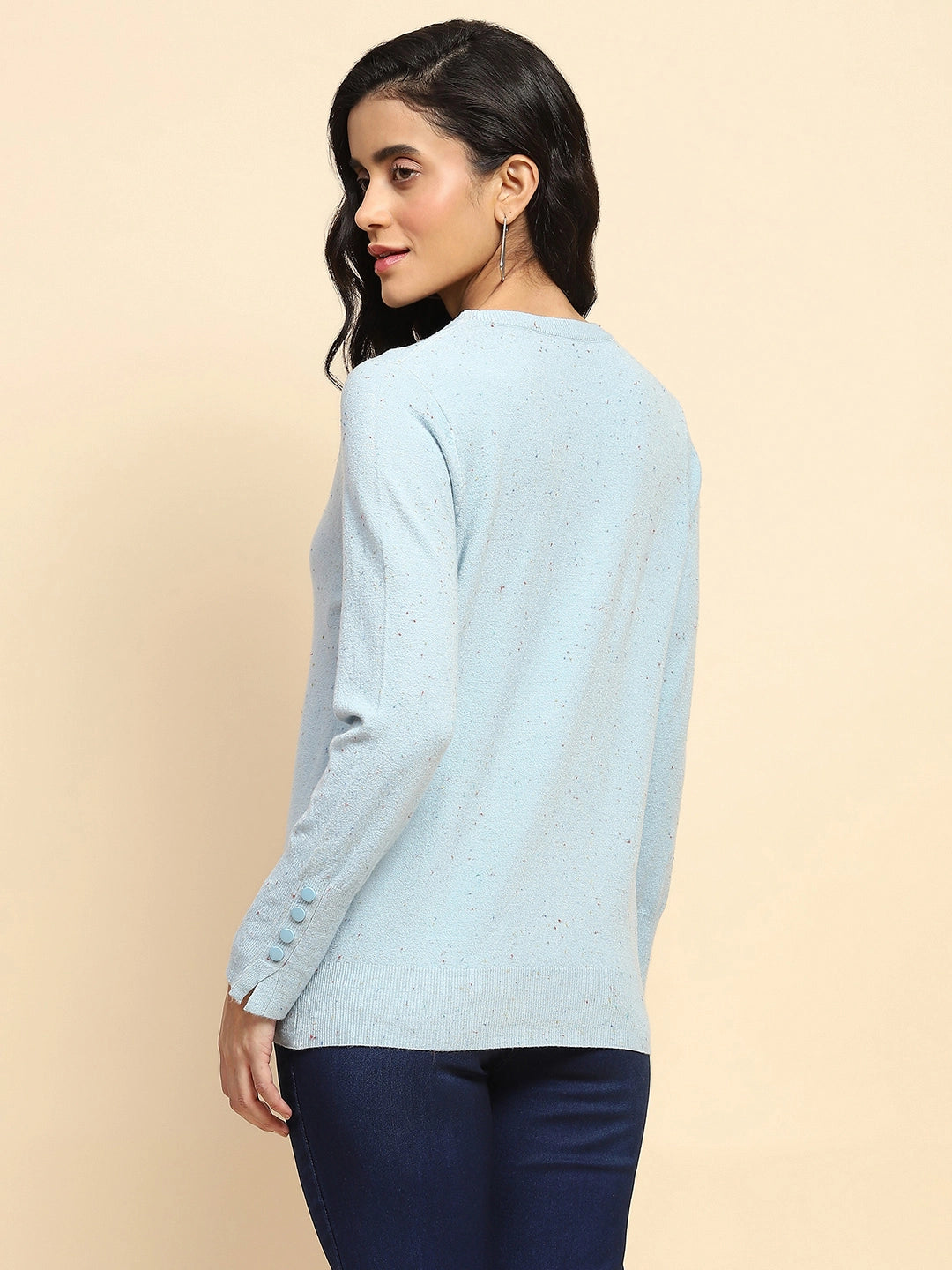 Sky Blue Viscose Blend Regular Fit Pullover For Women