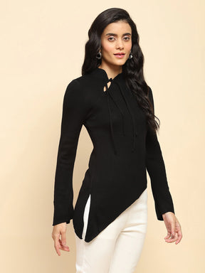 Black Polyester Blend Regular Fit Top For Women