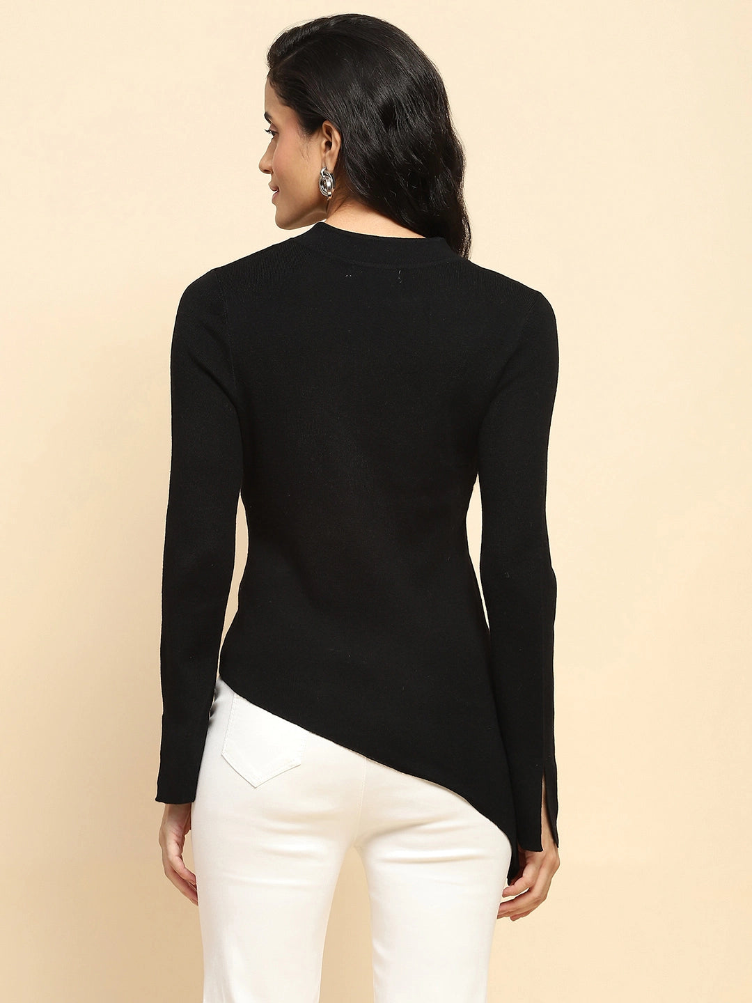 Black Polyester Blend Regular Fit Top For Women