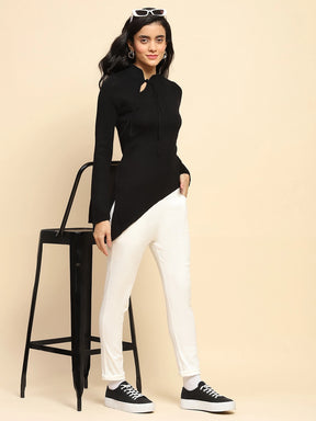 Black Polyester Blend Regular Fit Top For Women