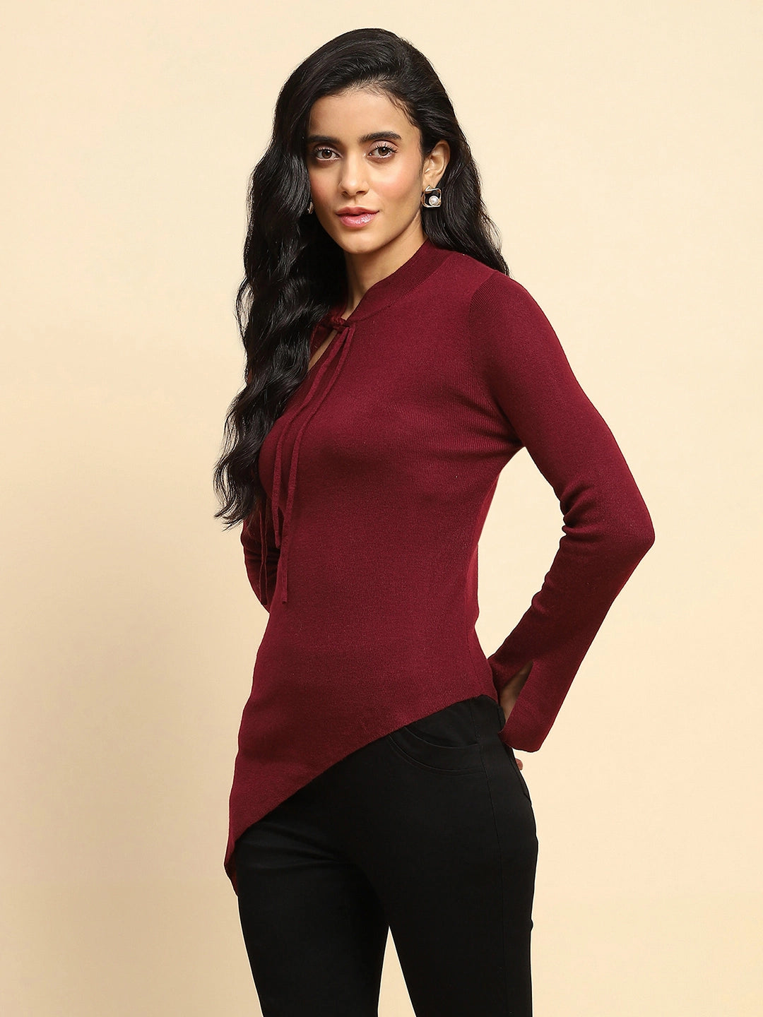 Maroon Polyester Blend Regular Acrylic Fit Top For Winter