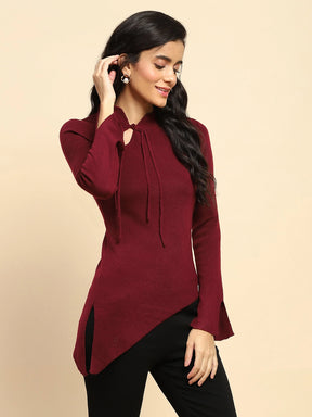 Maroon Polyester Blend Regular Fit Top For Women